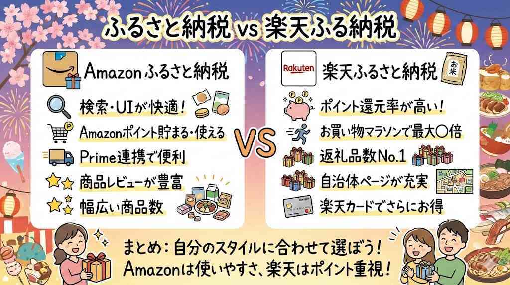 Cute Japanese infographic comparing Amazon vs Rakuten furusato tax—spring cherry blossoms, festival lanterns and fireworks framing perk icons (UI ease, delivery, reviews, points)—playful, upbeat “which one fits you” decision energy