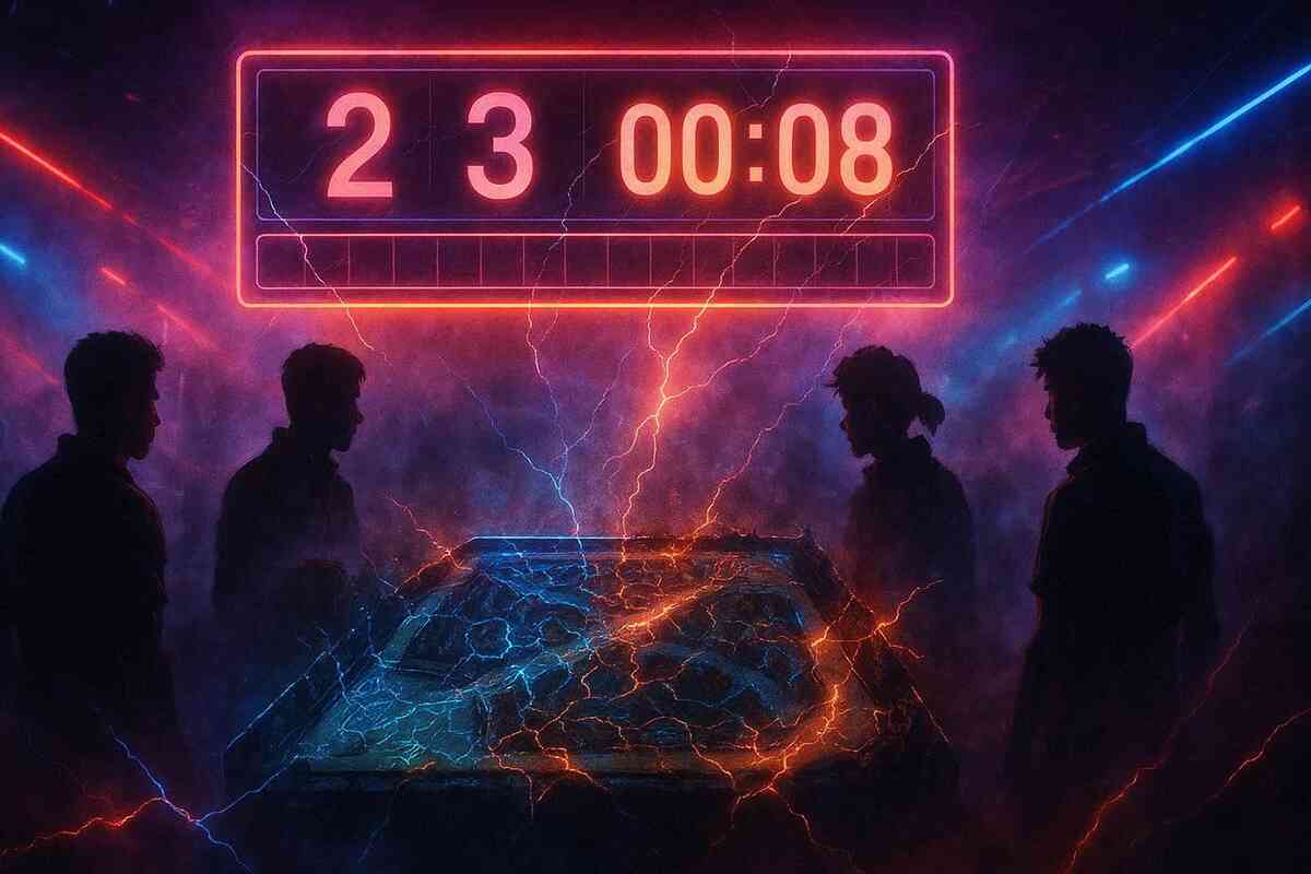 Neon countdown scoreboard over four tense silhouettes in a storm of red-blue energy—ranked match pressure, last-seconds panic, heartbeat-loud focus, “now or never” adrenaline