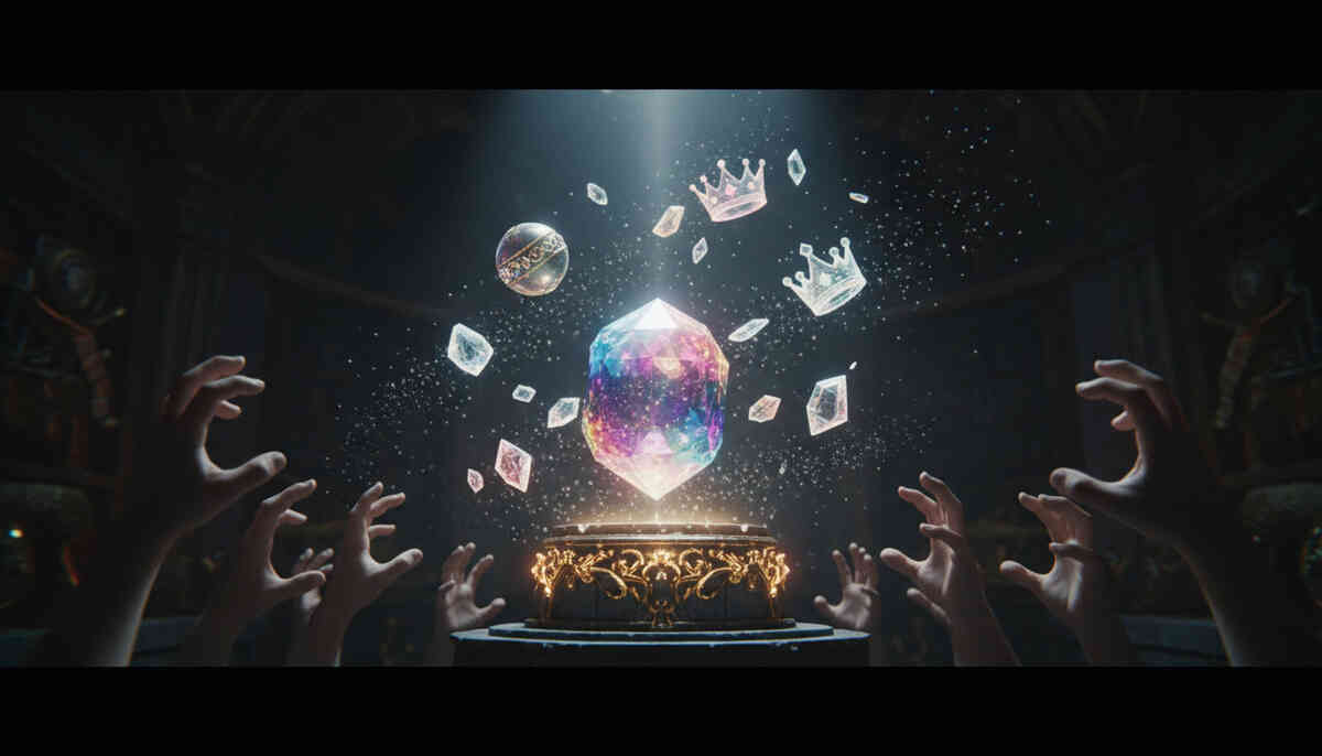 Radiant crystal reward hovering above an ornate pedestal with hands reaching in—loot-drop euphoria, greedy excitement, trembling anticipation, sparkling “I need this” triumph