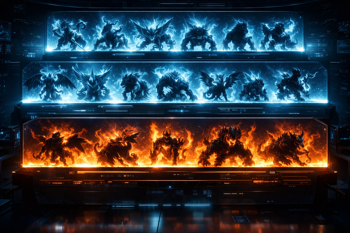 Futuristic tier-wall display packed with icy-blue and fiery-orange monster silhouettes—meta chaos, fear-of-the-top-threats, ruthless clarity, cold strategic obsession