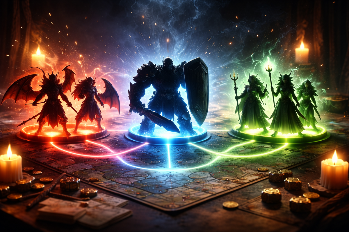 Candlelit strategy board with three color-coded squads connected by glowing lines—team synergy epiphany, tactical confidence, dramatic “perfect comp” revelation, power fantasy vibe