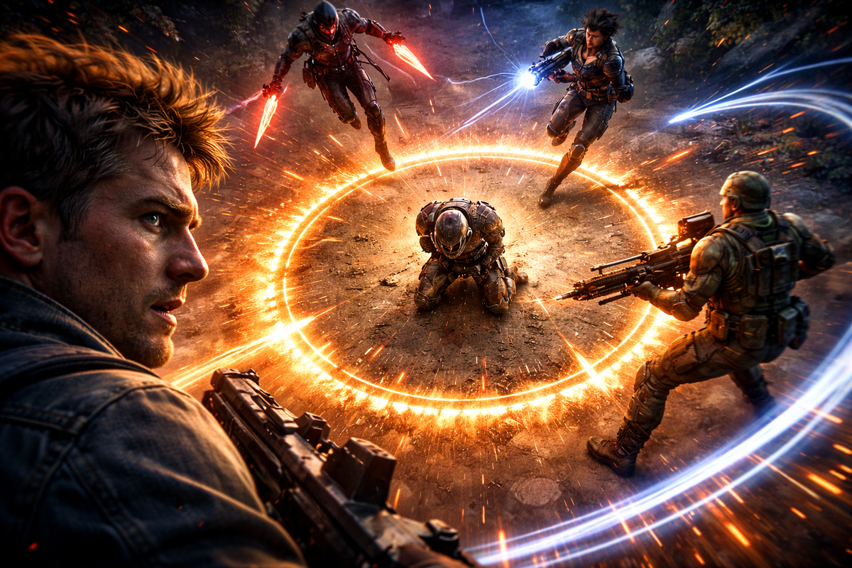 Explosive four-way battle ring with fighters closing in and sparks flying—survival tension, sudden reversals, high-risk aggression, cinematic clutch-moment intensity