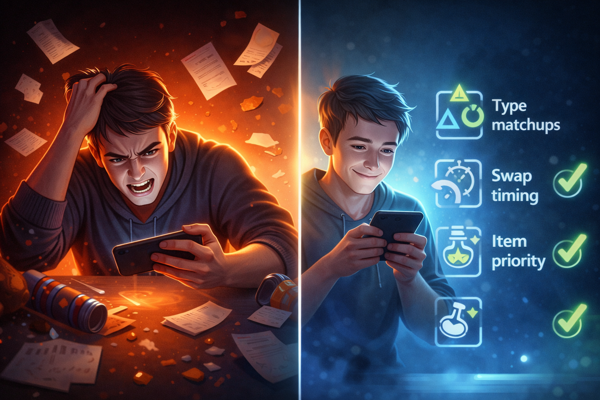 Split scene: frustrated gamer in warm chaos vs calm focused player with clean checklist icons—tilt-to-control transformation, relief, renewed confidence, “I finally get it” breakthrough