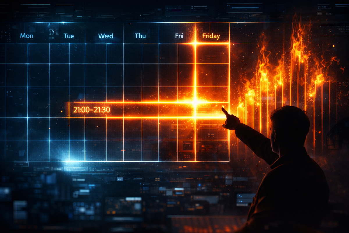 Friday calendar igniting at 21:00–21:30—hot probability bars flaring like fire as an analyst points, high-stakes anticipation and “this is the window” clarity