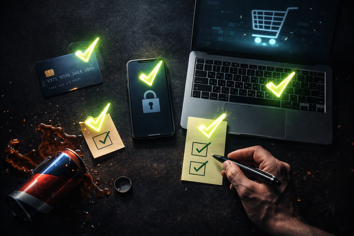 Pre-flight checklist on a messy desk—credit card, locked phone, laptop cart icon, glowing checkmarks over essentials, focused adrenaline and “no mistakes tonight” energy