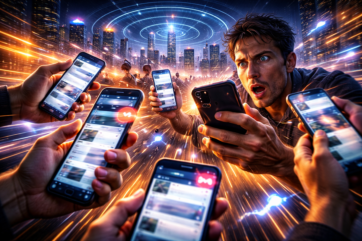Real-time stock hunt in a neon city—multiple phones refreshing at once, wide-eyed shock and rush, notification bursts and social-signal panic turning into hope