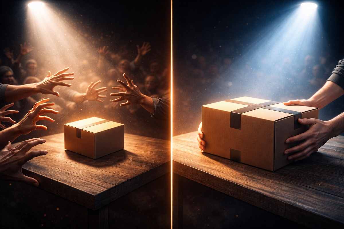 Single vs bundle showdown—crowd hands clawing for the small box while steady hands claim the bigger package under a spotlight, scarcity anxiety and smart-win triumph