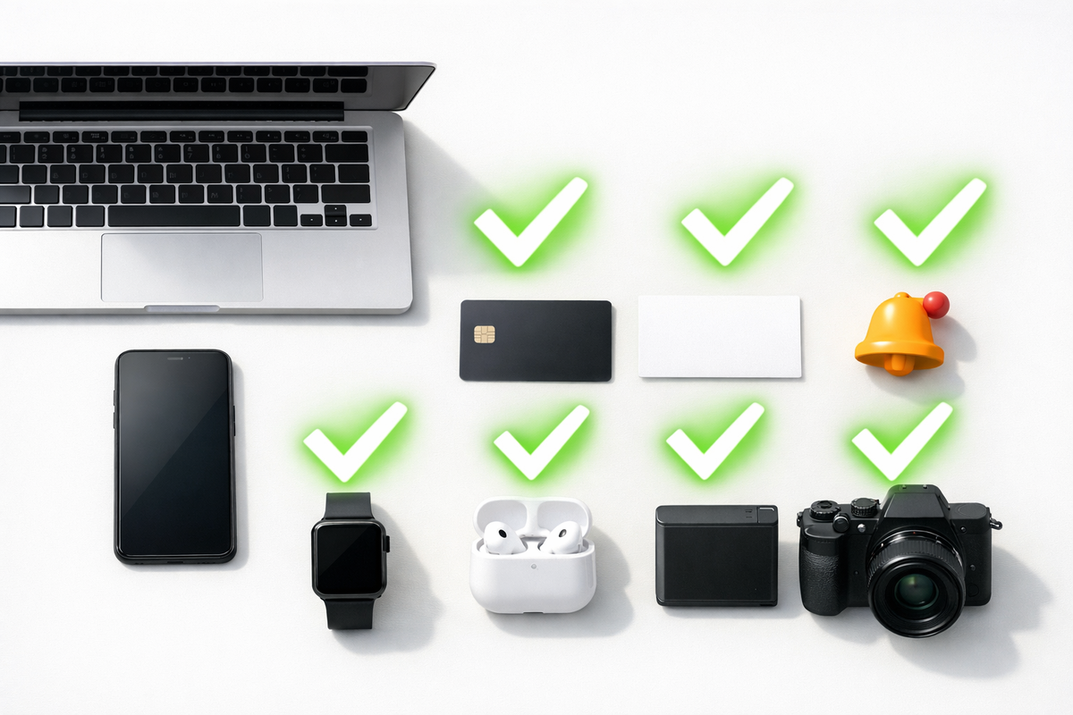 16:9 — crisp flat-lay “prep desk” scene: smartphone, laptop, generic credit card, address card, notification bell icon, and three devices aligned like a ready-to-launch kit; big luminous checkmarks hovering above items (no words), bright purposeful lighting, clean minimal composition, energetic readiness mood, no logos, no text