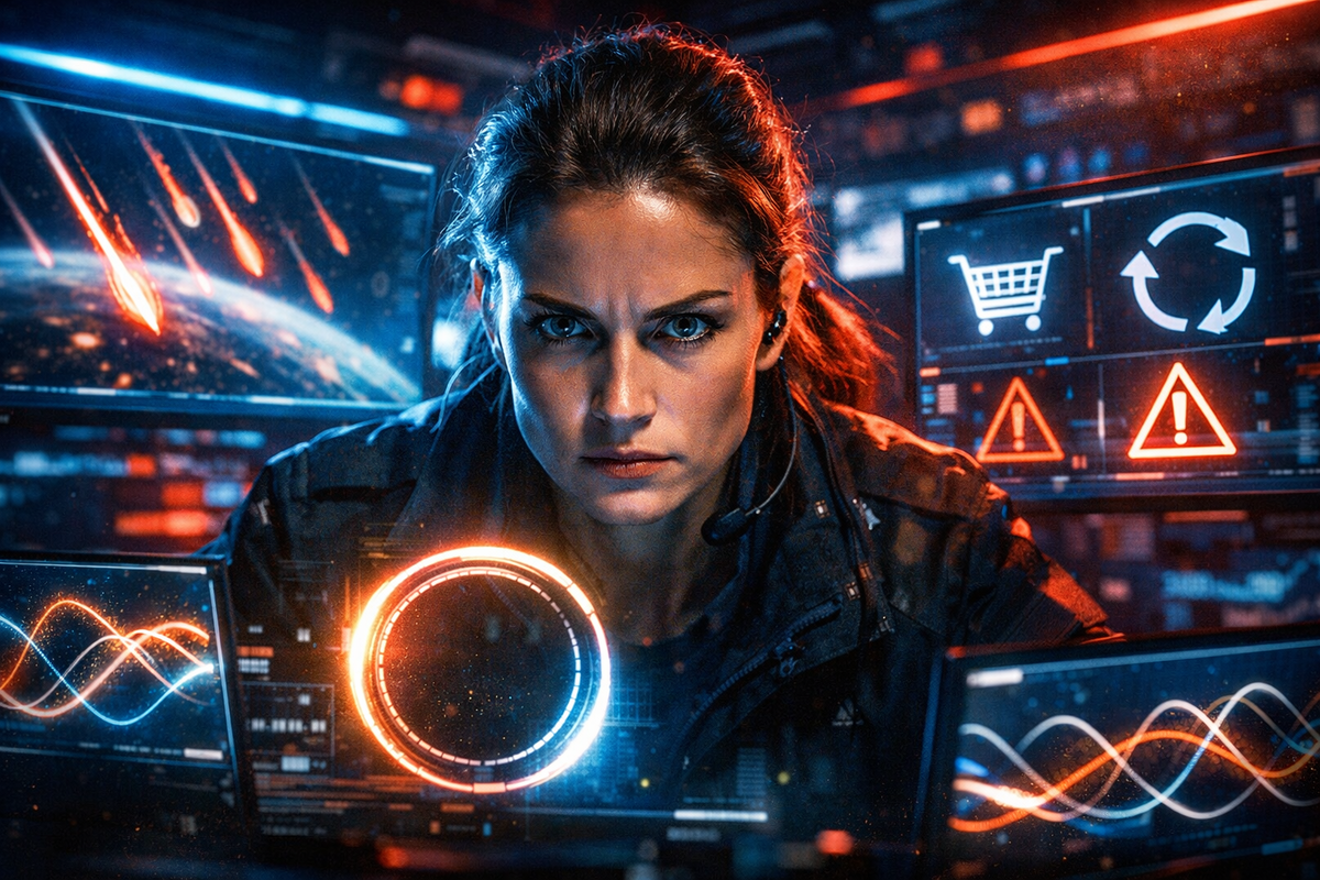 16:9 — high-intensity “digital war room” scene: focused face with fierce determination, multiple screens showing abstract wave-timing arcs and countdown rings (no numbers), rapid re-entry arrows, cart icon, and error-recovery icons; electric neon rim light, cinematic grit, sense of strategy and speed, no logos, no text