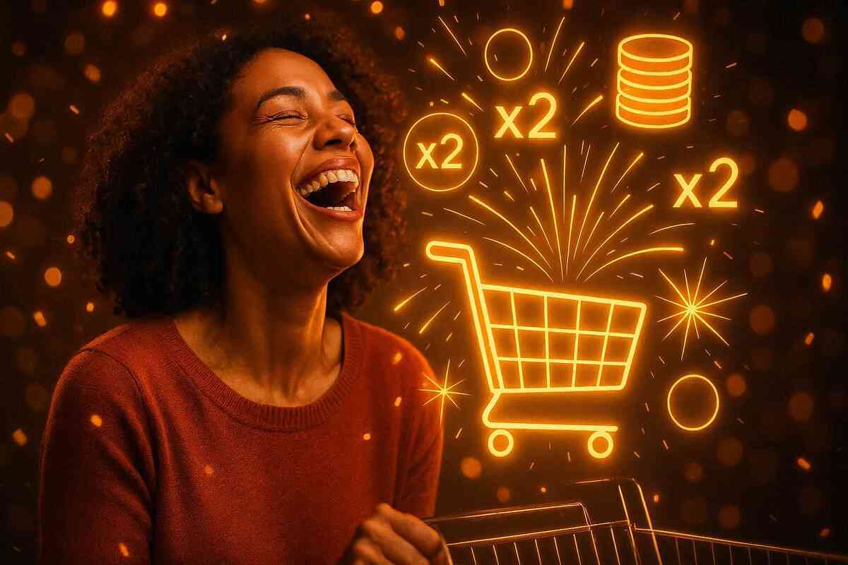 16:9 — euphoric close-up of a triumphant shopper laughing with relief as golden abstract “reward tokens” burst like fireworks around a shopping cart hologram; layered multiplier icons and stacked coin-like shapes (no currency symbols), warm glow + sharp highlights, celebratory confetti bokeh, no logos, no text
