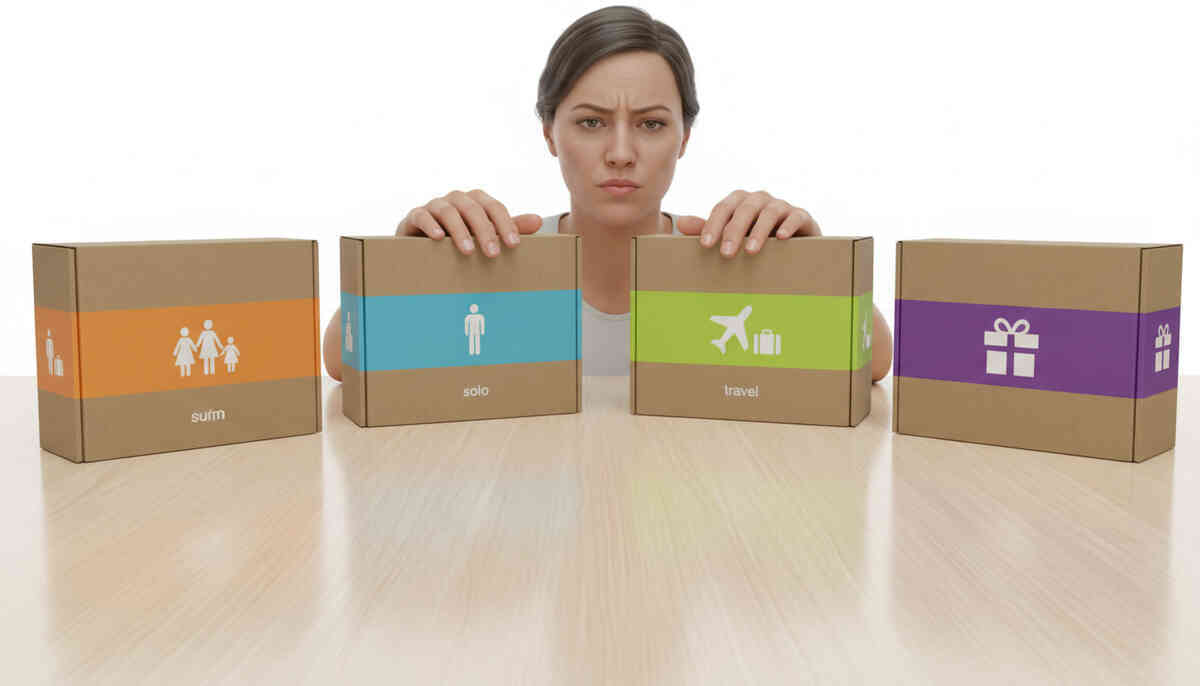 16:9 — bright tabletop scene of multiple unbranded console bundle boxes arranged in a fan, each marked only by color-coded bands and simple icons (family, solo, travel, gift) without any words; shopper’s hands hesitating between options, thoughtful expression, clean studio lighting, premium product-photography feel, no logos, no text