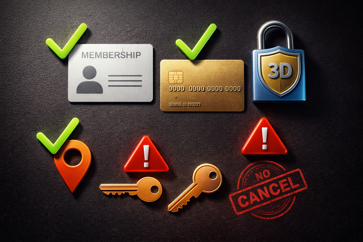 Hardline purchase requirements laid out with green checks and red warning triangles—membership, card-only payment, 3D secure lock, fixed address, no-cancel stamp—strict, no-excuses urgency