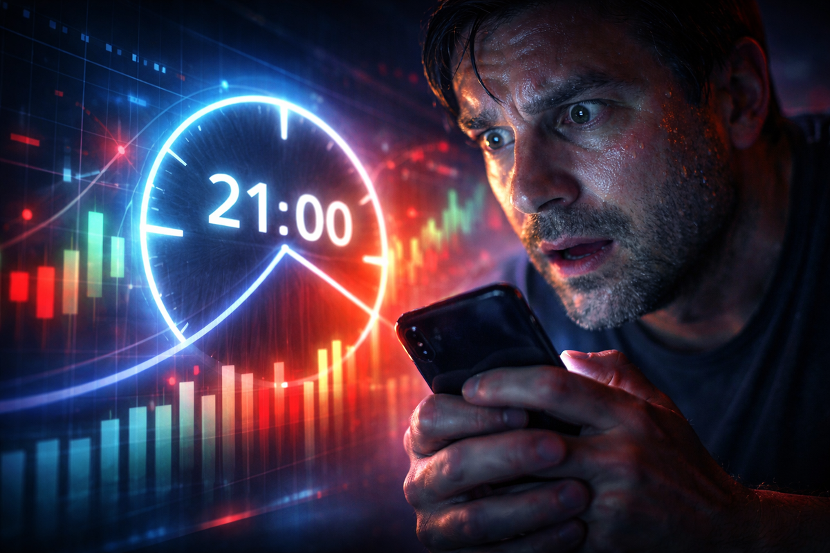 Breath-held countdown to 21:00 with glowing clock and volatile data bars behind a shocked buyer gripping a phone—spike of adrenaline, suspense, timing-or-nothing panic