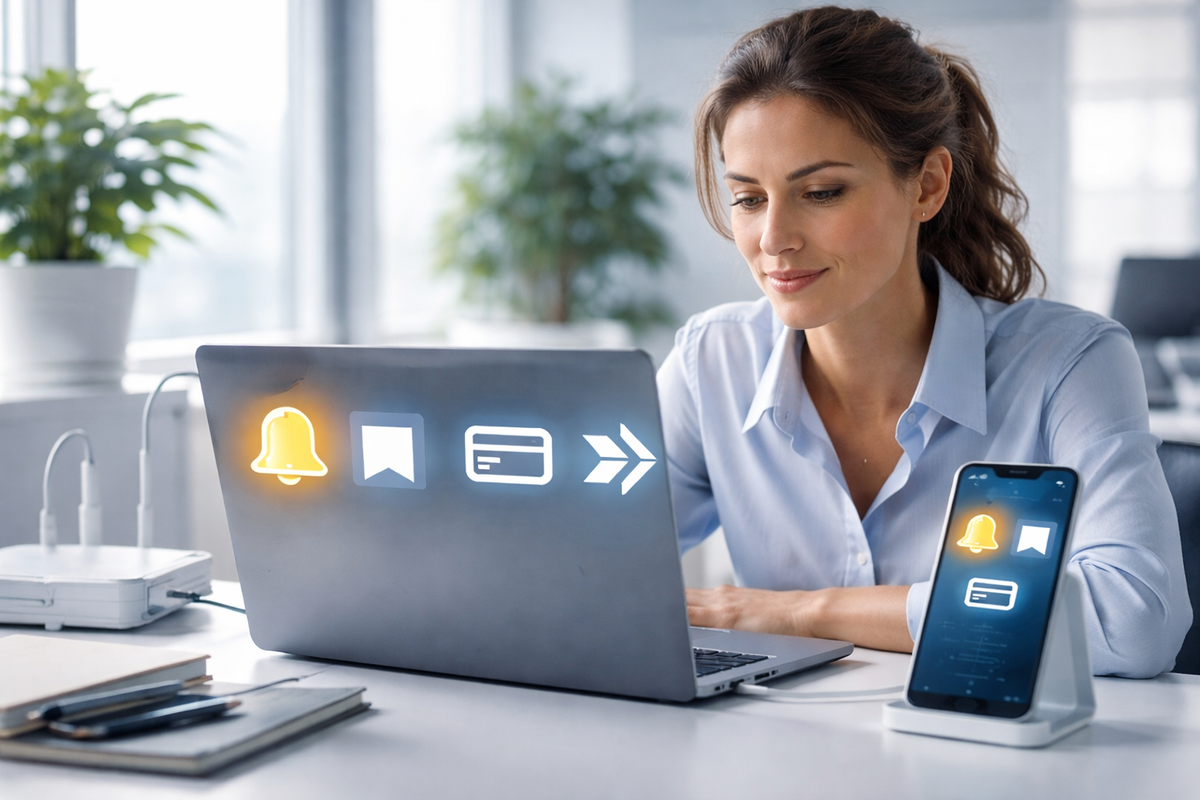 Calm, prepared shopper at a bright desk with laptop and phone showing alert, bookmark, card, and fast-checkout icons—steady confidence, readiness, quiet control before the drop