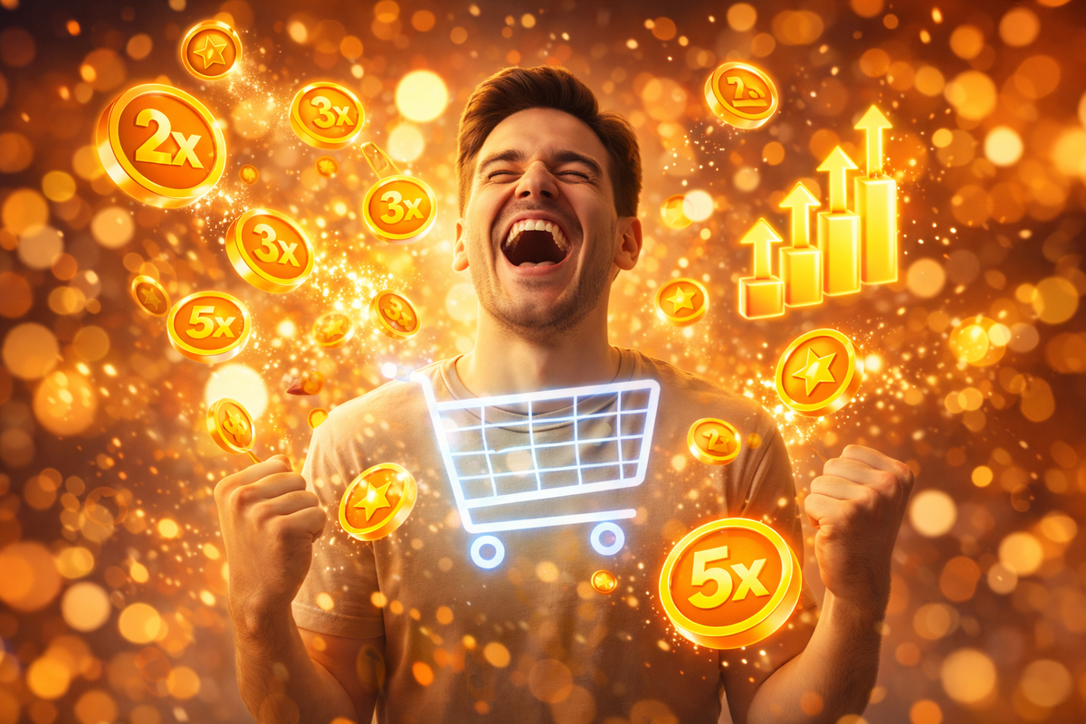 Explosive joy as reward multipliers and golden coins swirl around a glowing cart—jackpot savings euphoria, relief, triumphant “I nailed it” energy