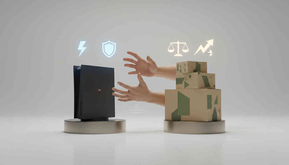 Hands hovering between a single console unit and stacked bundle boxes with “speed vs stability” and “value vs competition” cues—tense choice, strategic doubt, split-second decision pressure