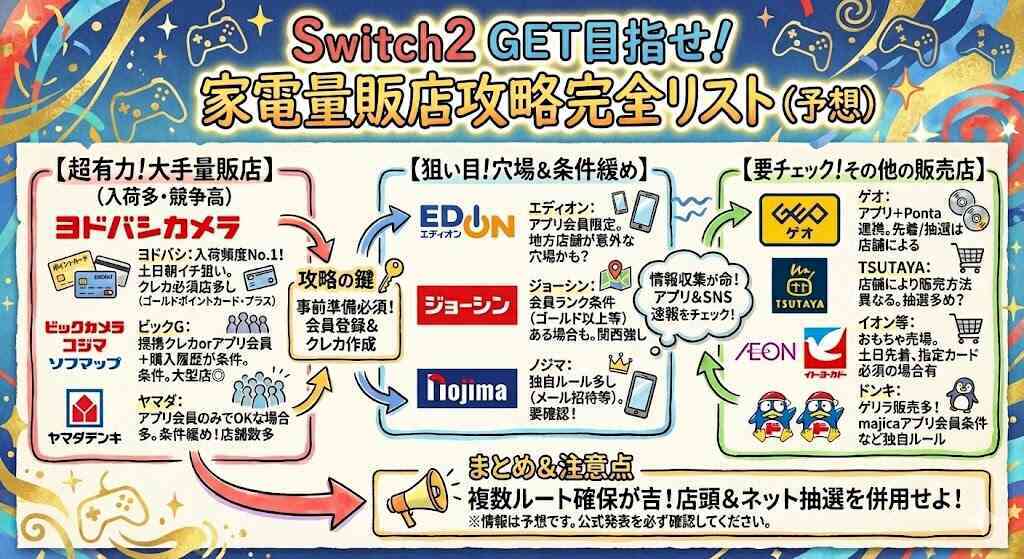 Colorful Japanese infographic for “Get Switch 2”—a hype-filled strategy map of major electronics retailers (Yodobashi, Bic, Joshin, Edion, Nojima), lottery odds, apps/points, and must-do prep steps