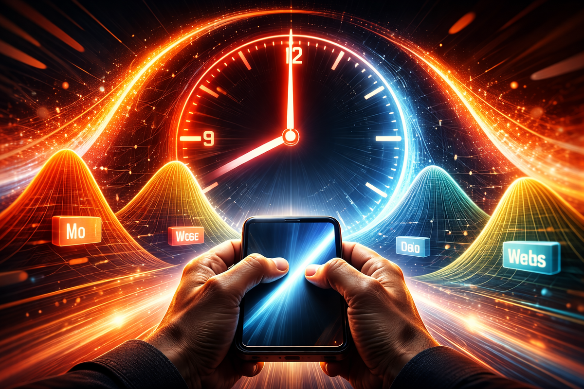 Explosive “best-time window” visual: giant clock surrounded by pulsing wave peaks and weekday tiles as hands grip a smartphone—adrenaline rush, timing obsession, must-hit-the-second urgency