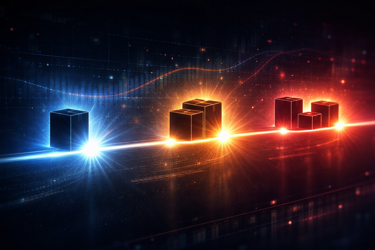 Abstract drop timeline with glowing supply blocks moving along a light trail from blue to orange to red—pattern recognition thrill, strategic clarity, the hunt finally making sense