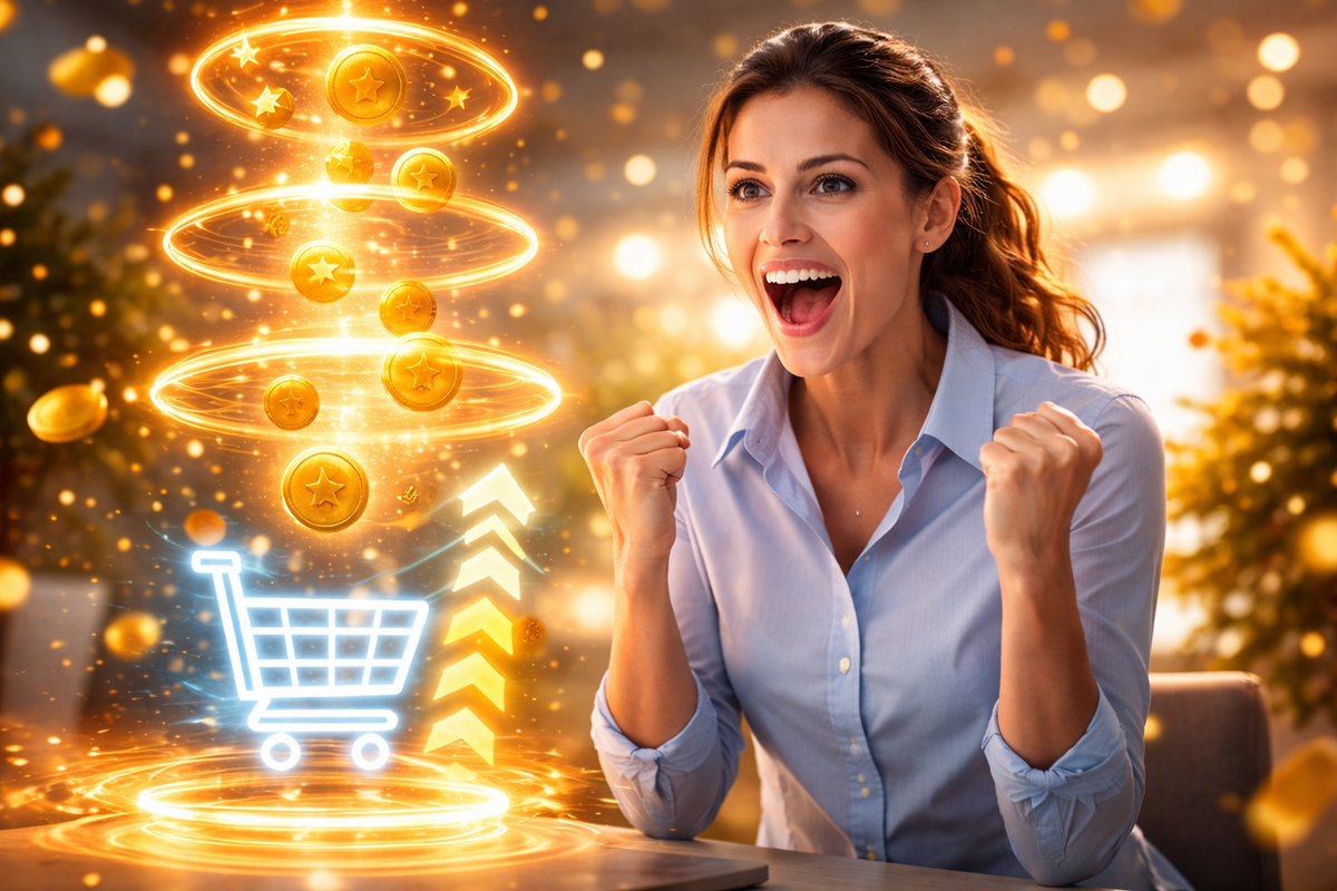 Joyful shopper erupting with clenched-fist excitement as golden reward coins spiral upward into multiplier rings above a glowing cart—savings euphoria, victorious relief, jackpot momentum