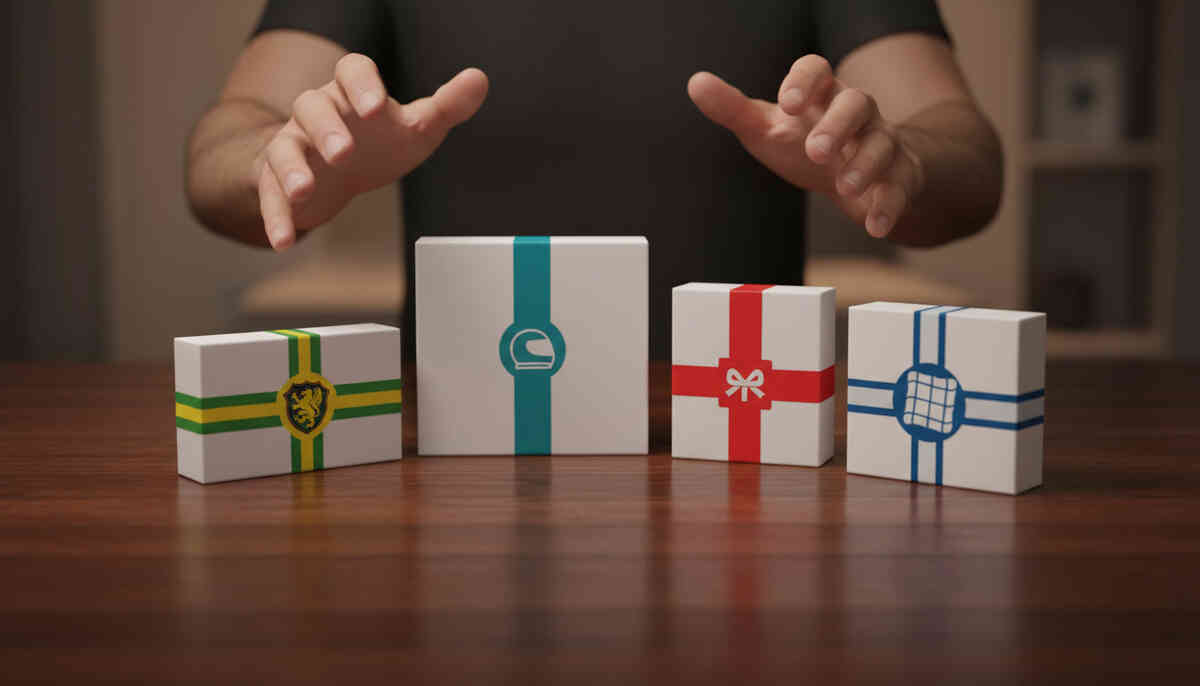 Hands hovering over four unbranded gift-style bundle boxes with distinct color bands—tense choice, excited doubt, strategic hesitation before committing to the best set