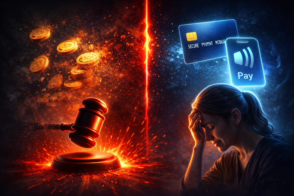 Fiery red law gavel vs icy blue card-and-mobile pay icons, with a stressed woman in shadow—rule-change shock, point-ban anxiety, and a clear path to keep saving