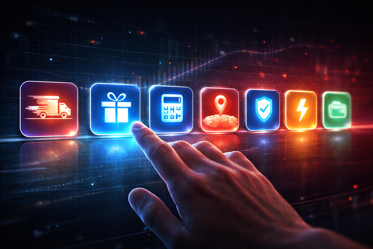 Hand hovering over neon icons (delivery, gift, calculator, map pin, security, speed, wallet)—choose-your-strategy dashboard for smarter donations, decisive and in-control mood