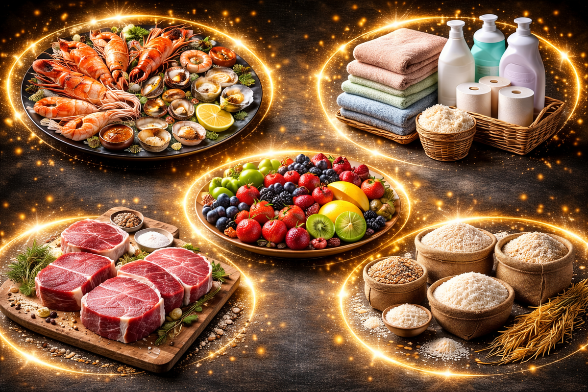 Four glowing bounty circles—seafood feast, premium beef cuts, vibrant fruit platter, and daily essentials with rice—“best return” reward haul, mouthwatering and satisfying
