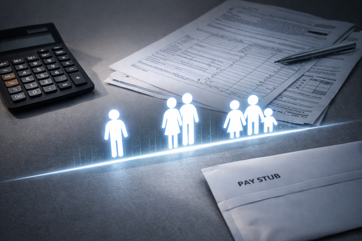 Calculator and tax forms on a gray desk with glowing family silhouettes and a pay stub—limit calculation clarity, responsible relief, and “no more costly mistakes” focus