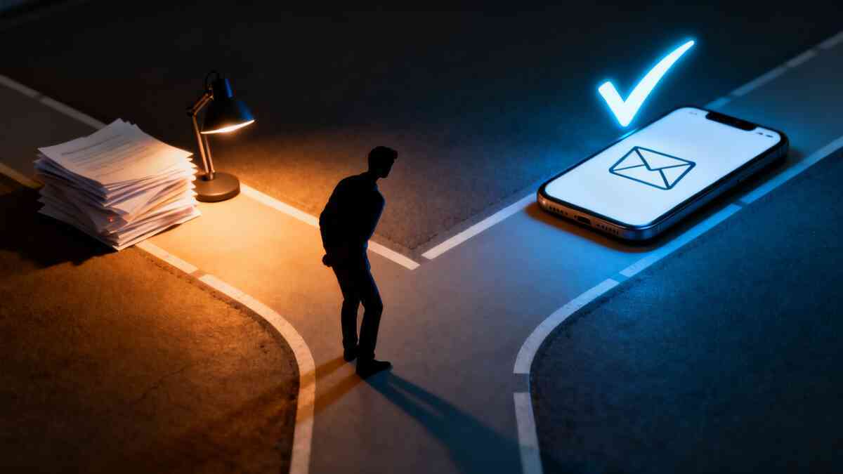 Cinematic fork-in-the-road: paperwork stack under a desk lamp vs a bright smartphone with a verified message icon—one-stop vs filing choice, tense hesitation turning into calm certainty
