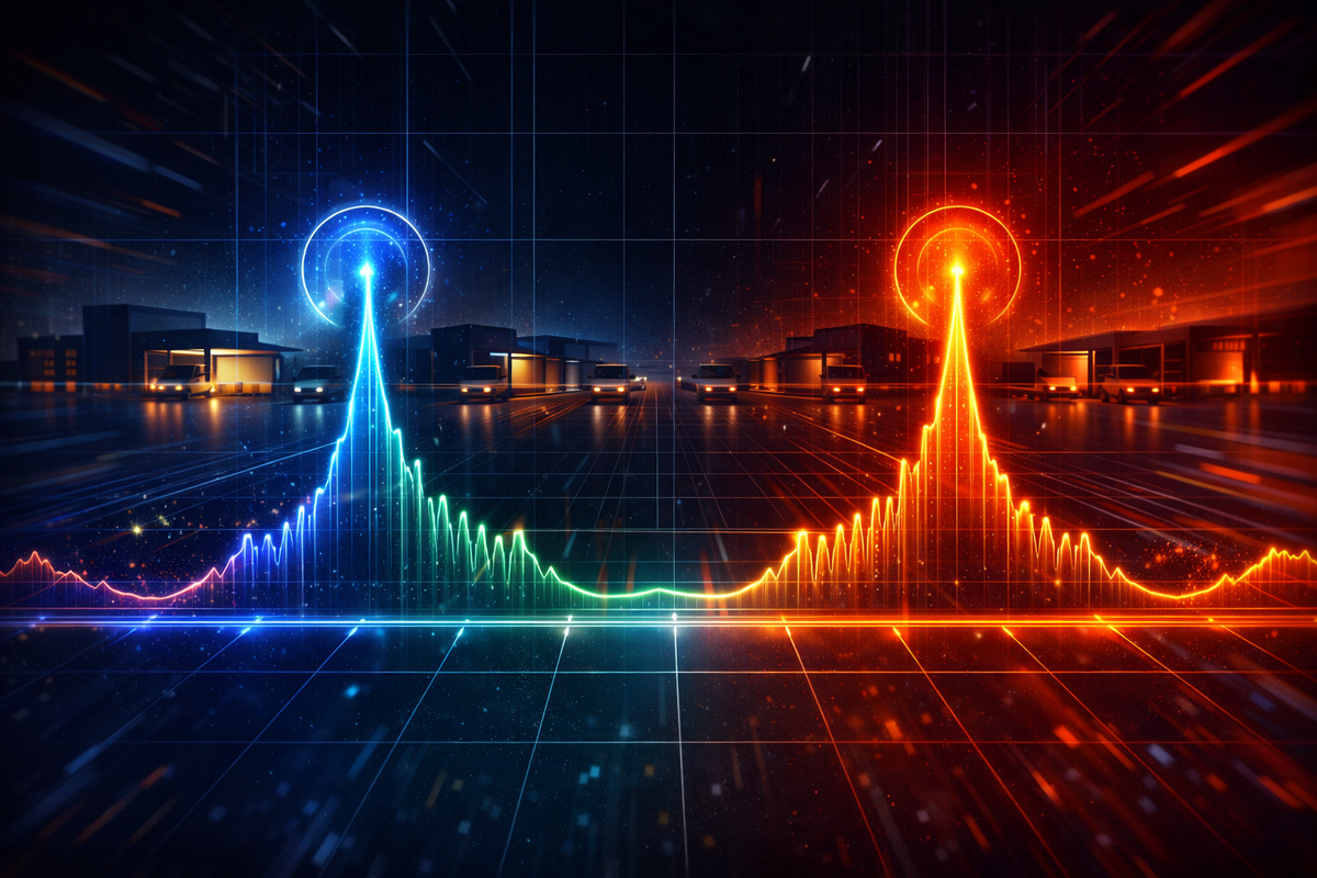 Neon data spikes rising over a silent warehouse yard with delivery trucks—blue vs orange waves like a supply heartbeat, sudden weekend-shift signal, suspenseful “it’s coming” momentum