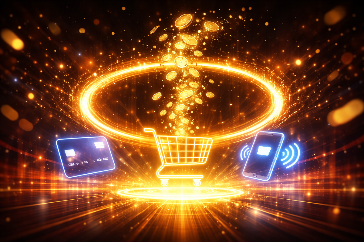 Golden shopping cart under a blazing coin vortex, flanked by a generic credit card and a glowing tap-to-pay phone—cashback euphoria, high-stakes checkout thrill, irresistible bonus storm
