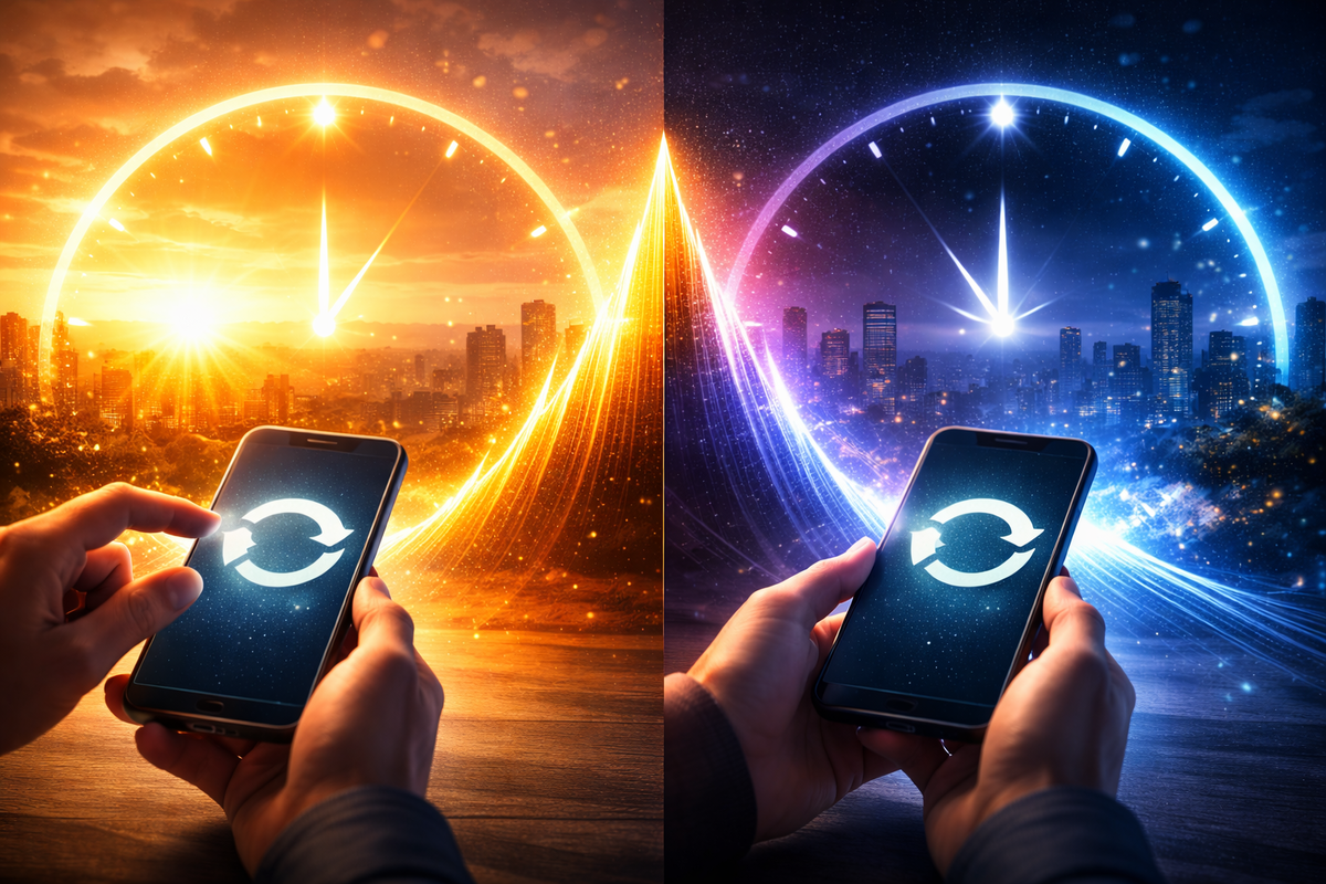 Split sunrise and midnight city horizons with giant clock halos, hands refreshing on two smartphones—morning vs night watch windows, relentless retry rhythm, adrenaline-fueled patience