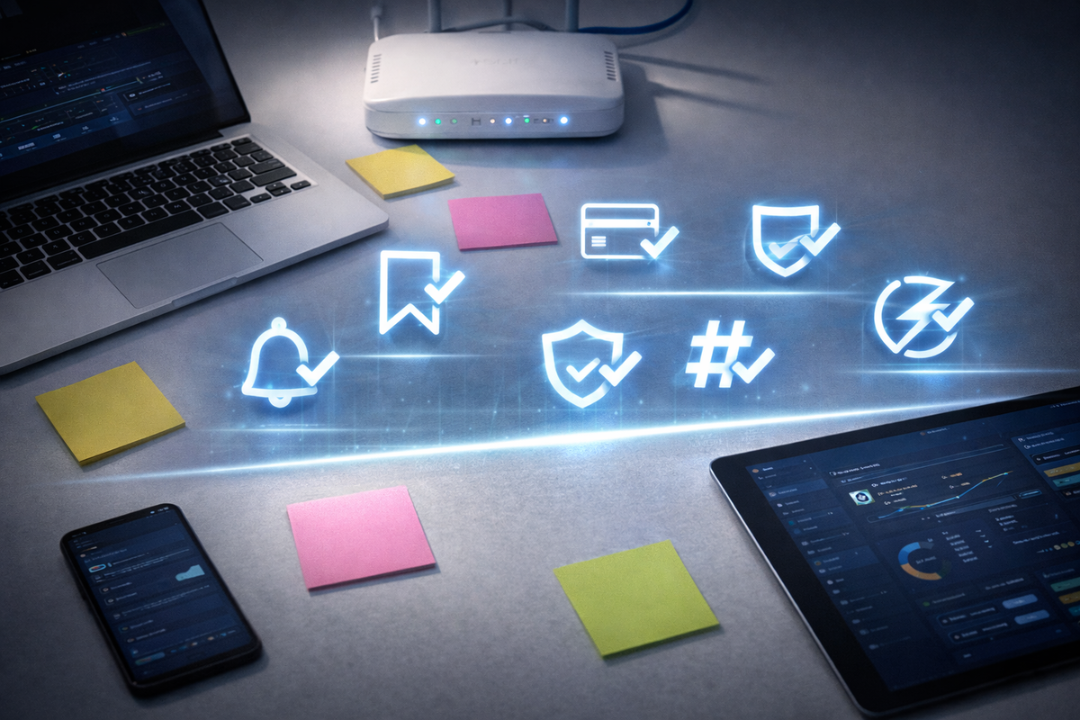 Minimal “buying war-room” desk with laptop, tablet, and phone as floating checklist icons glow (bell, bookmark, shield, card, hashtag)—locked-in preparation, calm focus, ready-to-strike confidence