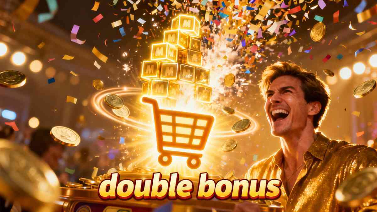 Confetti explosion around a radiant shopping cart and stacked glowing multiplier blocks, coins flying through warm spotlights—victory roar, jackpot joy, pure unfiltered win-energy