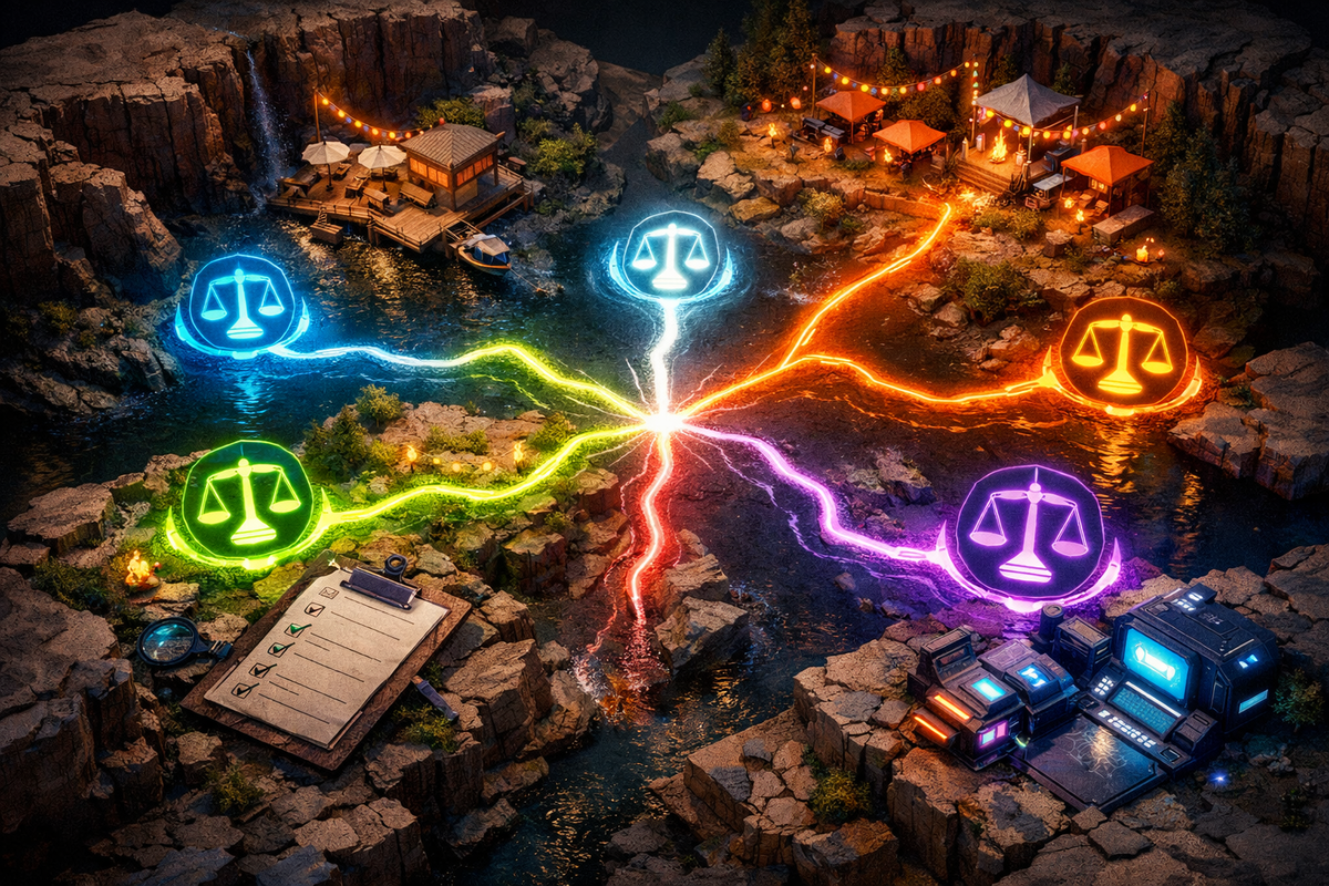 Cinematic canyon diorama with five neon routes converging at a blazing hub—fastest-path strategy, crystal-clear choices, and urgent “don’t miss it” map energy