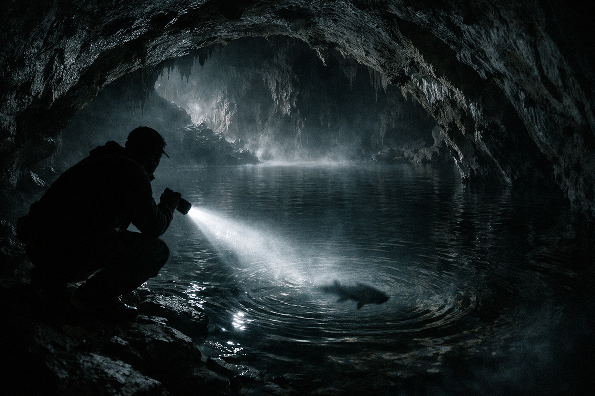 Shadowy cave lake cut by a single flashlight beam, a tiny fish silhouette stirring ripples—quiet suspense, stubborn patience, and fragile hope for a rare encounter