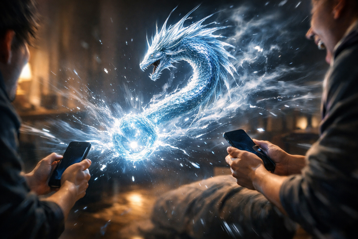 Two hands gripping phones as a roaring water-dragon bursts between screens—shared adrenaline, nervous trust, and that jaw-dropping evolution moment in midair