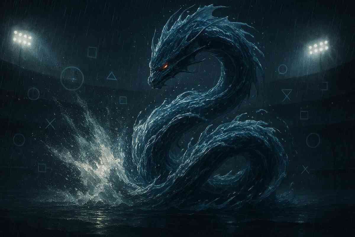 Storm-soaked arena under harsh floodlights, a colossal water serpent rising from crashing spray—intimidating power, high-stakes intensity, and battle-ready grit