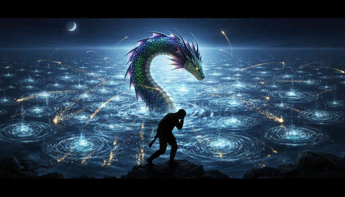 Moonlit ocean filled with shimmering ripple hotspots as a vibrant sea serpent surfaces—obsessive late-night hunt, aching anticipation, and explosive “it’s real” euphoria