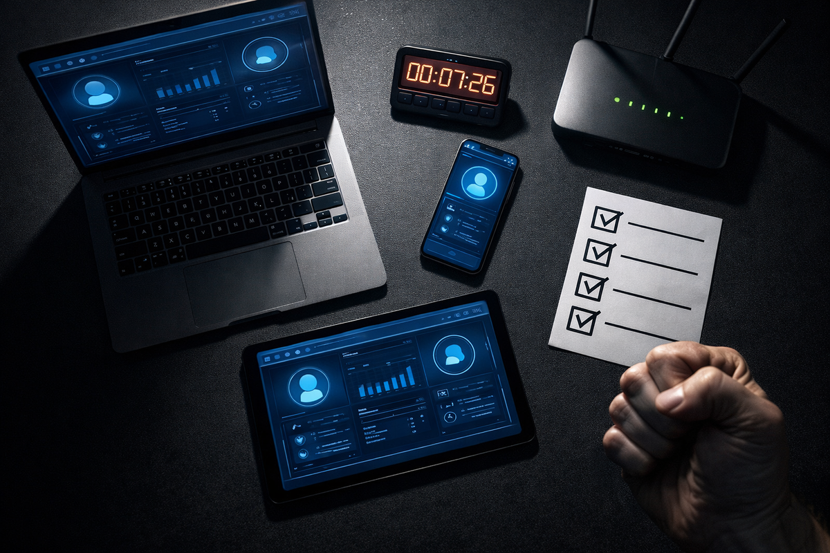 Prep-kit flat lay: laptop + phone + tablet, router lights, countdown timer, bold checklist, clenched fist—disciplined focus and “no-mistakes” readiness
