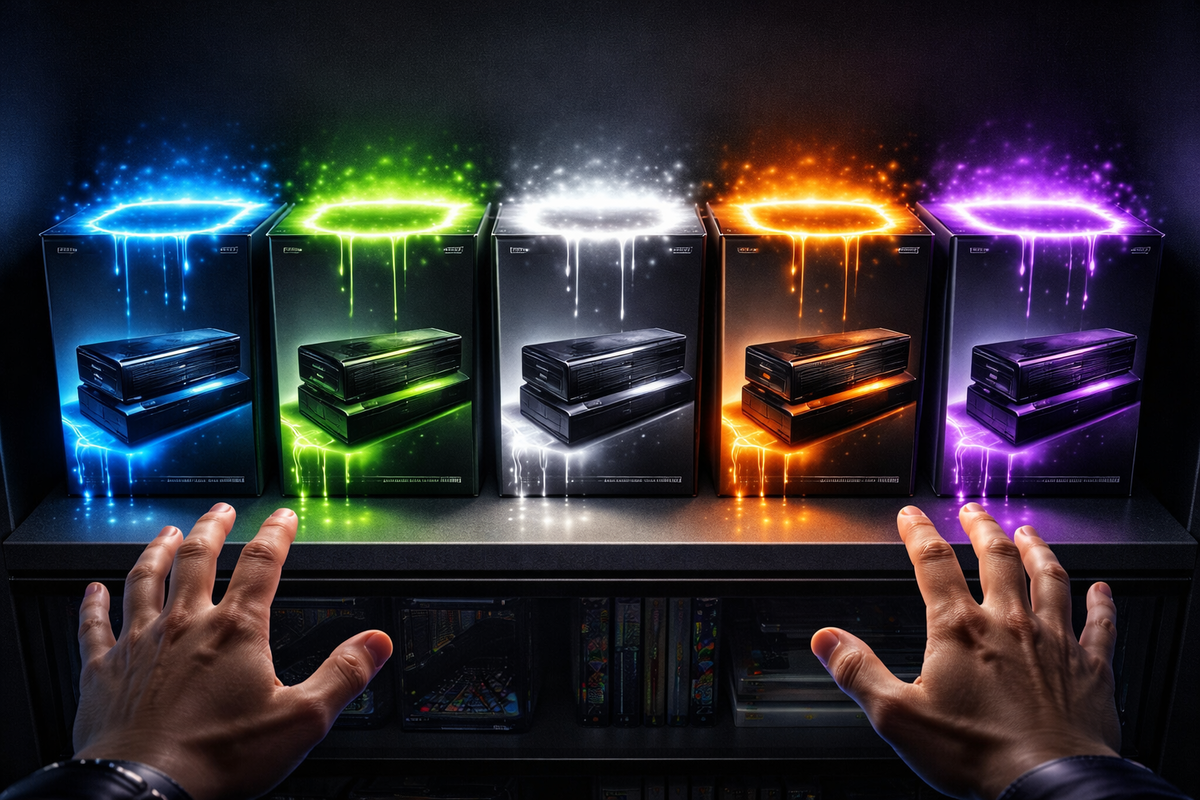Five glowing bundle boxes in different colors, hands hovering in tense hesitation—choice anxiety, scarce supply, and the thrill of picking the smartest target