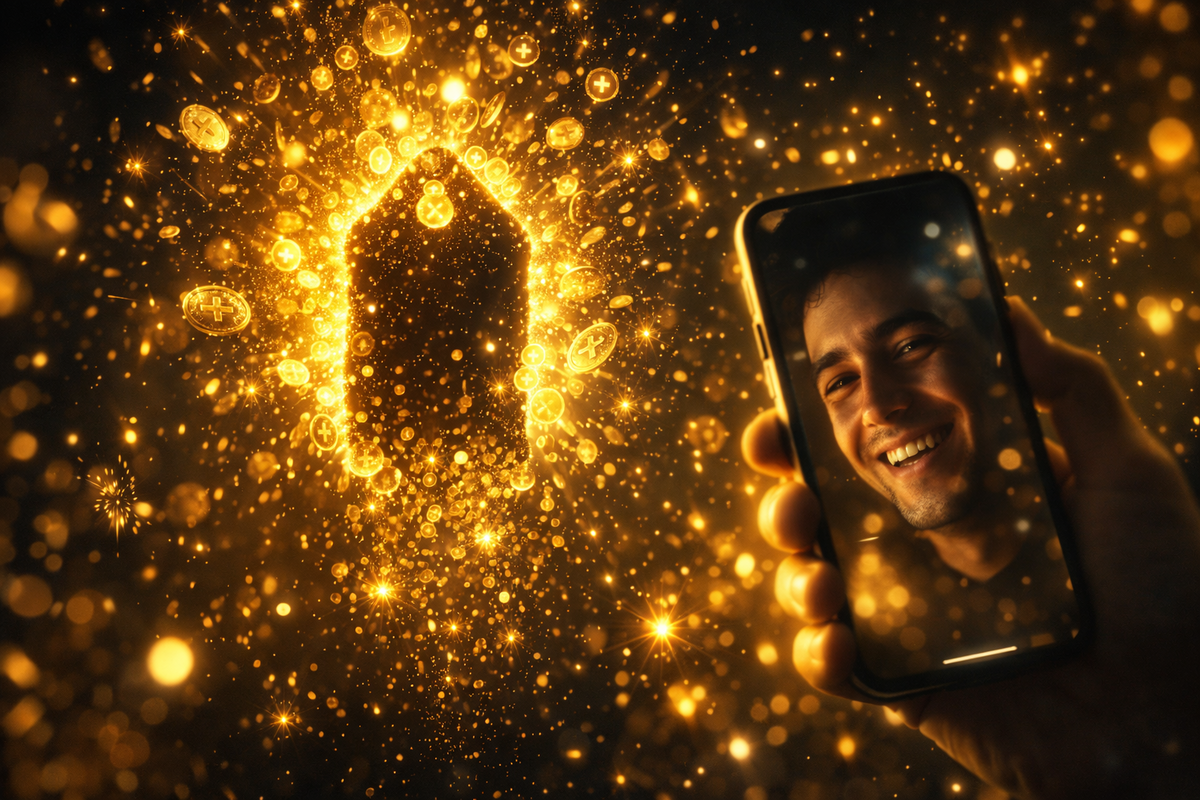 Golden point-storm exploding around a phone with a smiling face—pure win dopamine, sparkling rewards, and that “price just dropped” victory glow