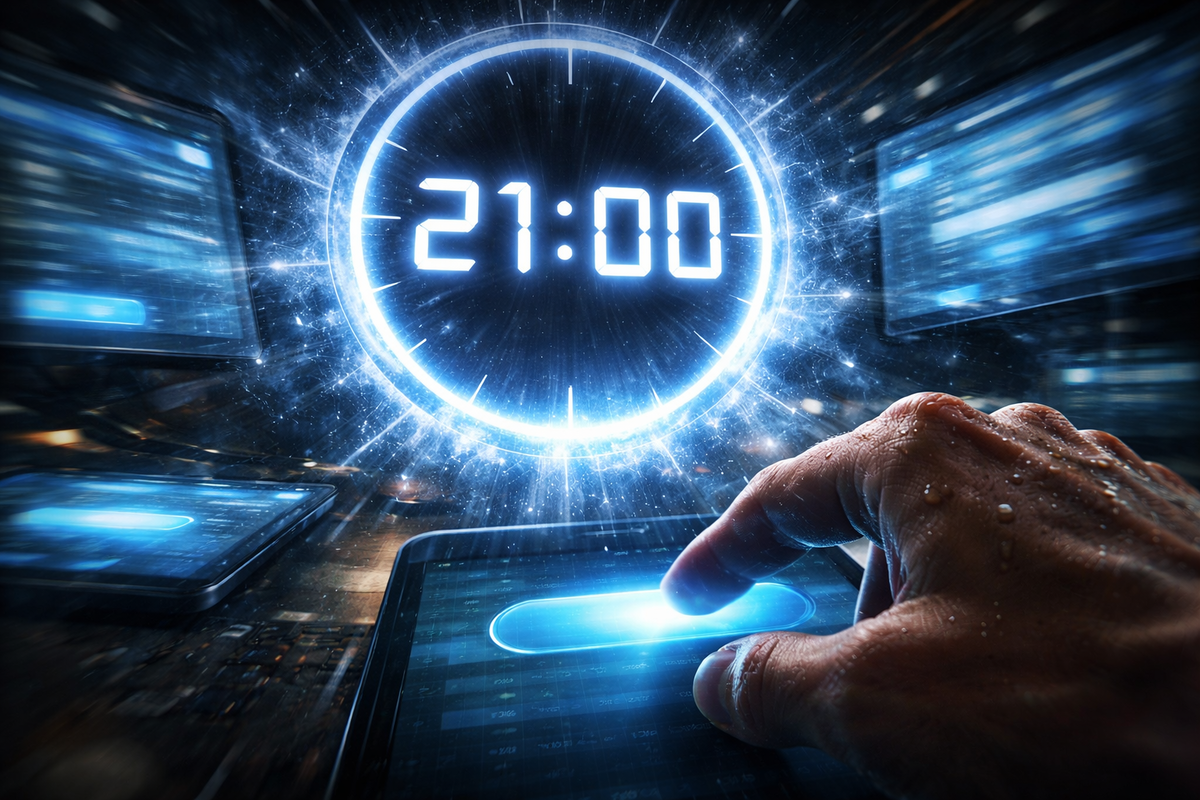Blazing 21:00 countdown and a sweaty finger slamming a glowing button—three-minute panic sprint, razor focus, and the make-or-break purchase moment