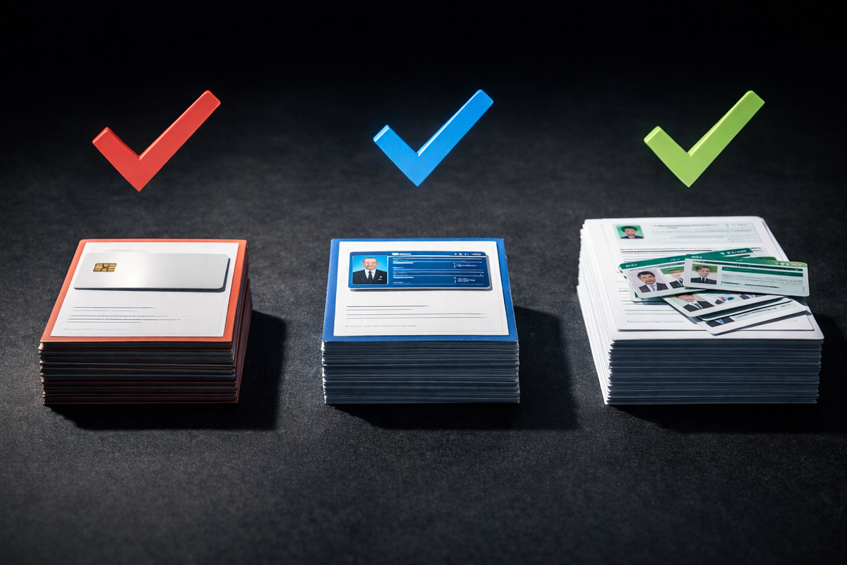 Three document stacks under bold checkmarks—card copy set, notification-card + ID set, resident-record + multiple IDs—organized relief and “no rejection” confidence