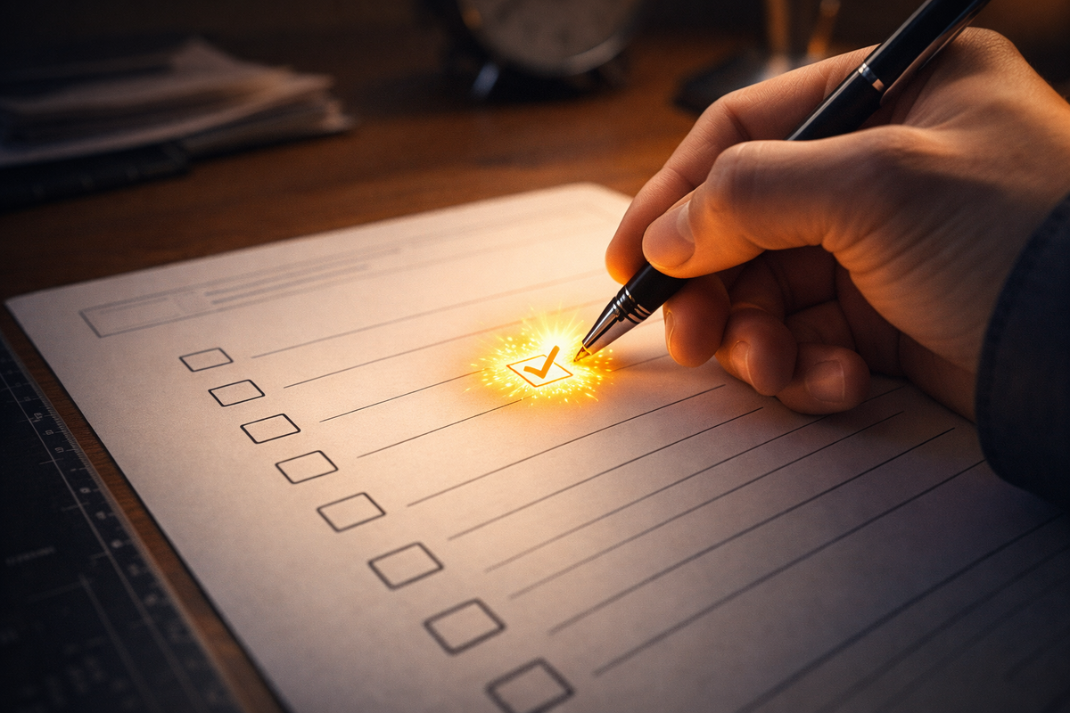 Close-up pen marking a checkbox with a burst of warm light—anxiety melting into certainty as the form finally feels “done right”