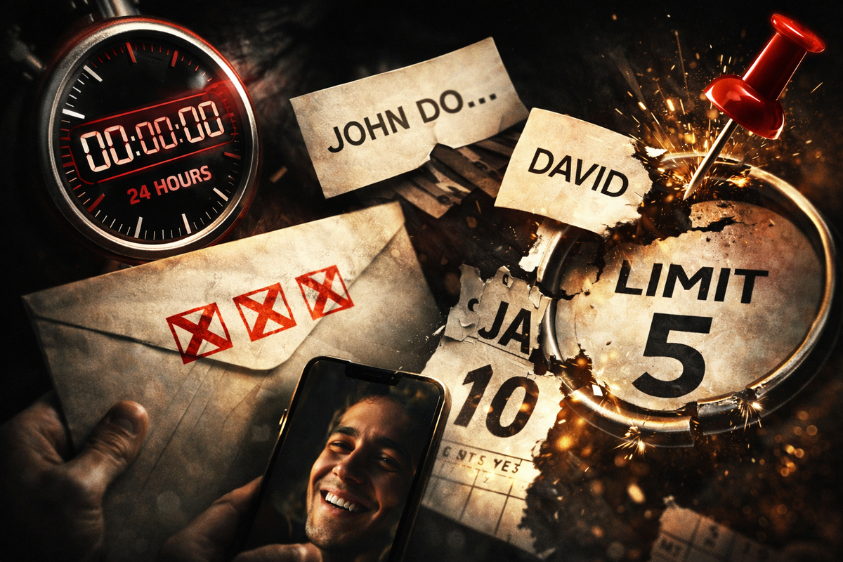 Explosive warning collage: 24-hour timer, crossed envelope, torn name tags, cracked “limit 5,” deadline chaos—pure dread, costly mistakes, and urgent damage control