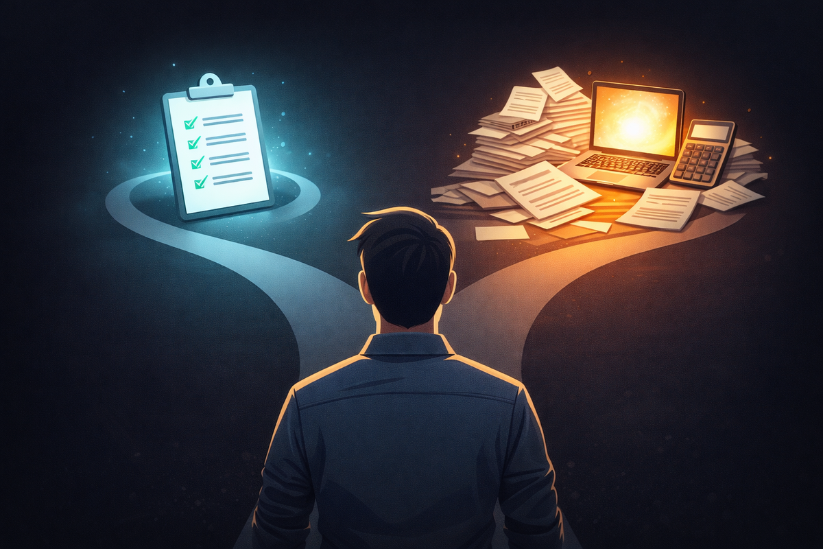 Forked-road illustration: left path to a clean checklist glow, right path to a paper mountain with laptop and calculator—tense choice, rational calm, and the relief of picking the right filing route