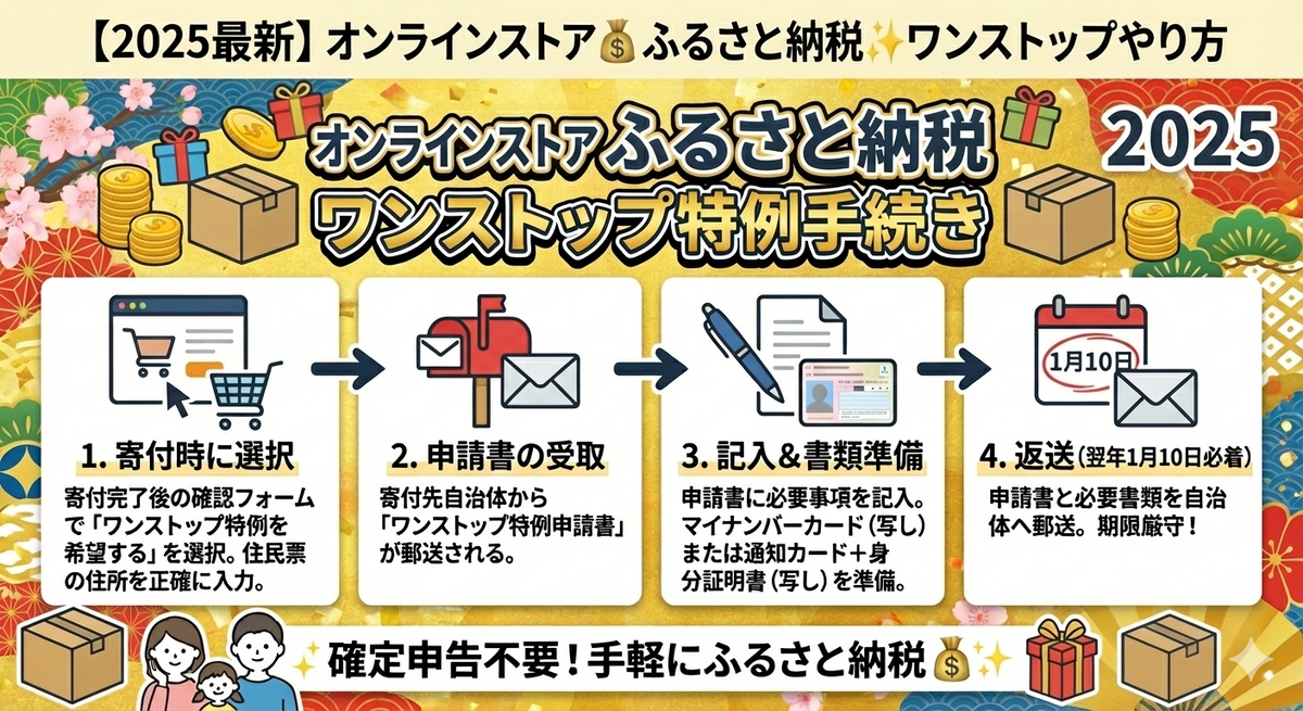 Colorful Japanese-style infographic showing a four-step one-stop tax donation process—shop, receive form, fill documents, mail by the deadline—calming clarity, “I can do this” confidence, and relief from paperwork panic