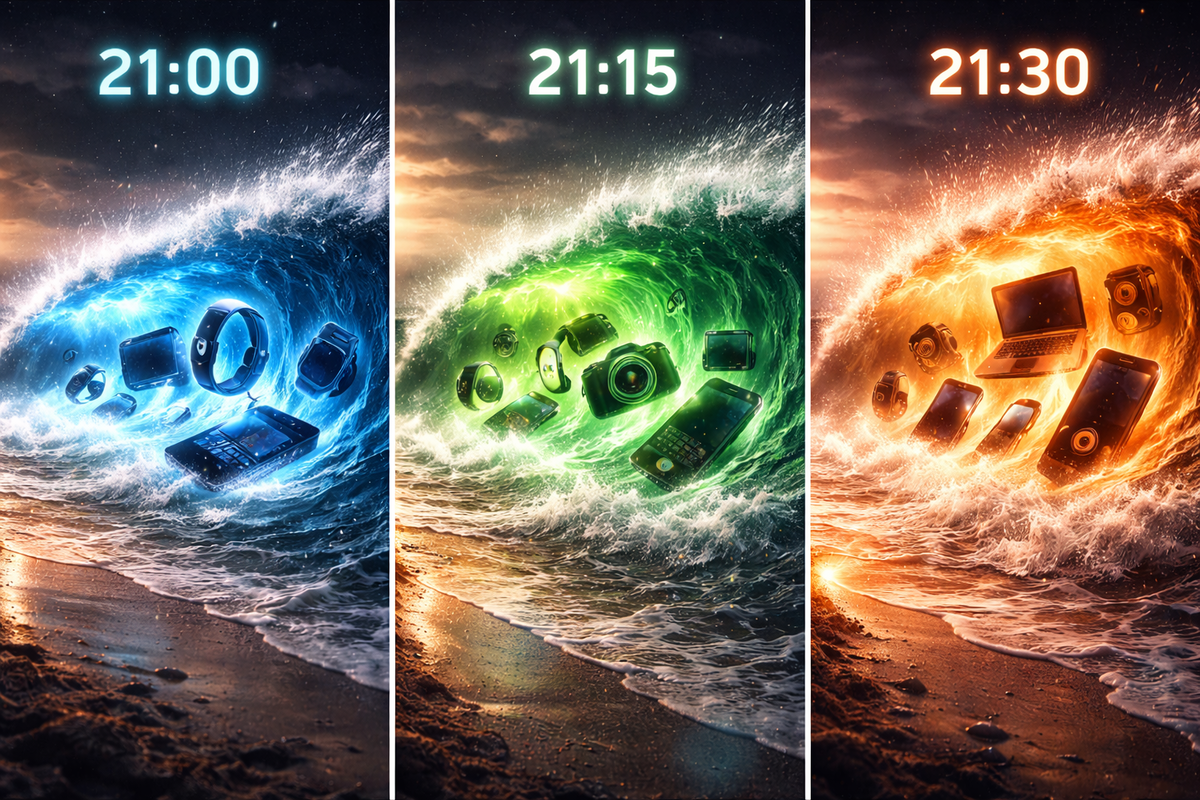 Three tidal-wave panels labeled 21:00 / 21:15 / 21:30 swallowing gadgets—wave-style restock phases, chaotic momentum, ride-the-surge Switch 2 hunt drama
